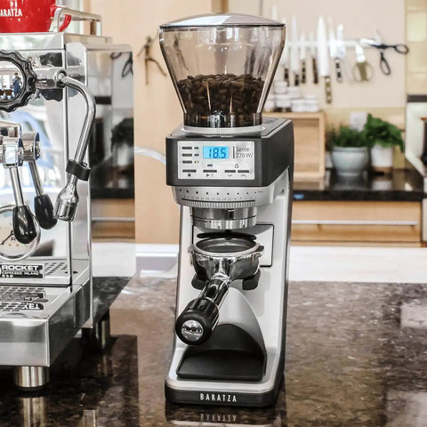 Straight Fire Conical Burr Coffee Grinder Featuring Precision Grind By Weight Tech, sleek design with beans in hopper.