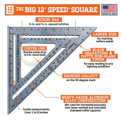 Value Pack 7 Inch Speed Square And Big 12 Speed Square For Framing And Carpentry With Multiple Gradations For Marking Angles, USA made.