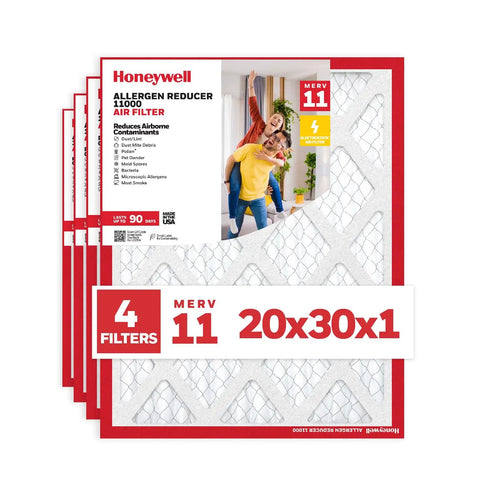MERV 11 Pleated HVAC Air Filter 20x30x1, Electrostatic Allergen Reducer, 4-Pack, Front View, Fits Most Furnaces and AC Units