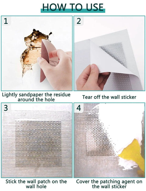 15-Piece Drywall Repair Kit With Self Adhesive Fiberglass Mesh Patches In 2, 4, 6, 8 Inch Sizes, step-by-step repair instructions
