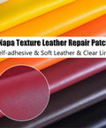 Napa texture leather repair patch rolls in various colors showcasing self-adhesive, soft leather with clear lines and detail close-up.