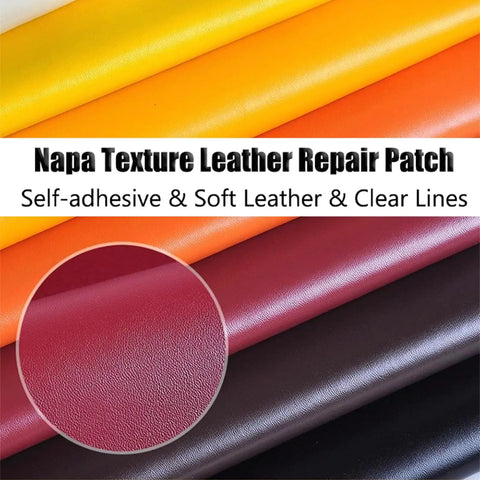 Napa texture leather repair patch rolls in various colors showcasing self-adhesive, soft leather with clear lines and detail close-up.