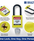 Six Pack Yellow Keyed Alike Lockout Padlocks With Key Retaining Brass Cylinders For OSHA Safety Compliance shown with details