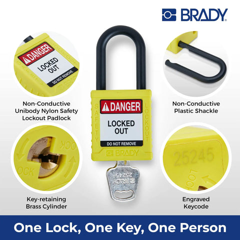 Six Pack Yellow Keyed Alike Lockout Padlocks With Key Retaining Brass Cylinders For OSHA Safety Compliance shown with details