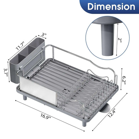 Image showing dimensions of Premium Stainless Steel Dish Drying Rack With Large Capacity Counter Organizer Drain Board Utensil Holder And Detachable Cup Shelf Rustproof 304 Surgical Grade Easy Assembly For Busy Kitchens.