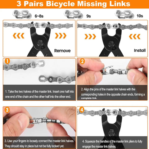 Instructions for using Pro Grade Bike Chain Repair Tools Kit with chain breaker and master link pliers for 6-12 speed chains.