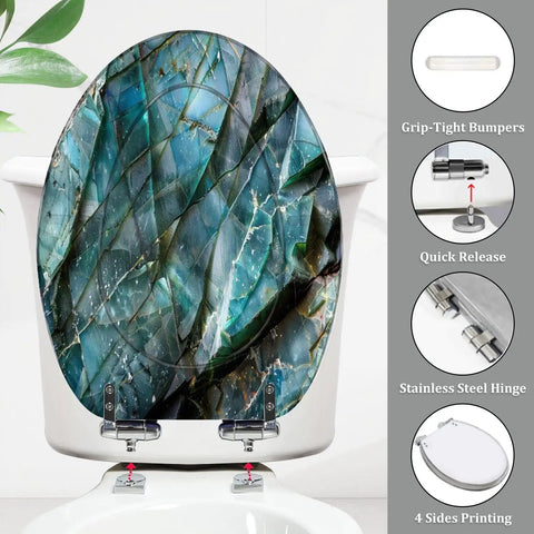 Toilet Seat Elongated for Bathroom with a vibrant blue stone design, featuring grip-tight bumpers and quick-release hinges.