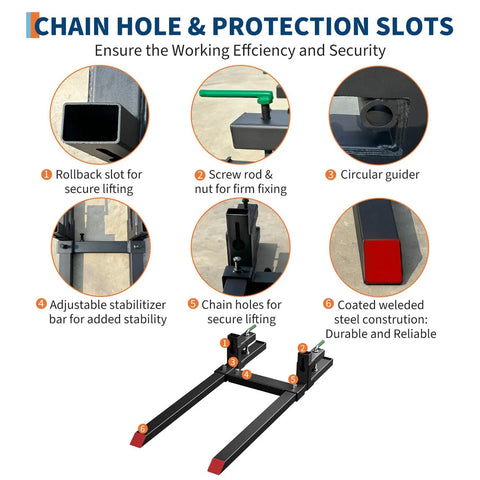 Image of 60 Inch Clamp On Pallet Forks With 2000 Lb Capacity, showcasing features like rollback slot, screw rod, and chain holes.