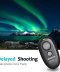 Wireless Shutter Remote Control For EOS RP R6 R5 5D with interval delay, shown with aurora and mountains in the background.