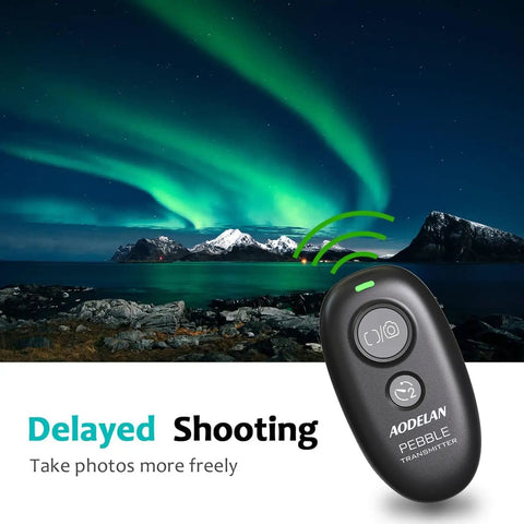 Wireless Shutter Remote Control For EOS RP R6 R5 5D with interval delay, shown with aurora and mountains in the background.