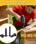 Man using drill with 625 Pcs 14 Size Self Tapping Screws Set For Plastic And Metal M2 M3 M4 Phillips Pan Head in furniture assembly