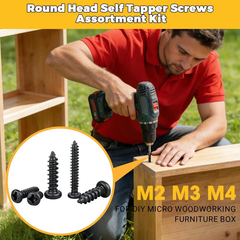 Man using drill with 625 Pcs 14 Size Self Tapping Screws Set For Plastic And Metal M2 M3 M4 Phillips Pan Head in furniture assembly