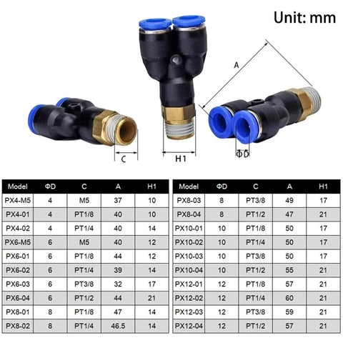 Dead Simple Slick Pneumatic Air Quick Connector Fitting For 4Mm 6Mm 8Mm Tubing And Universal 1/8 1/4 3/8 1/2 Inch Male Threads with dimensions.