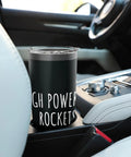 Rocketry Nerds Stainless Steel Insulated Tumbler in car cup holder, travel mug for high power rocket fans, keeps drinks hot or cold.