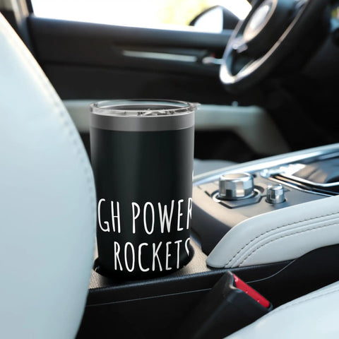 Rocketry Nerds Stainless Steel Insulated Tumbler in car cup holder, travel mug for high power rocket fans, keeps drinks hot or cold.