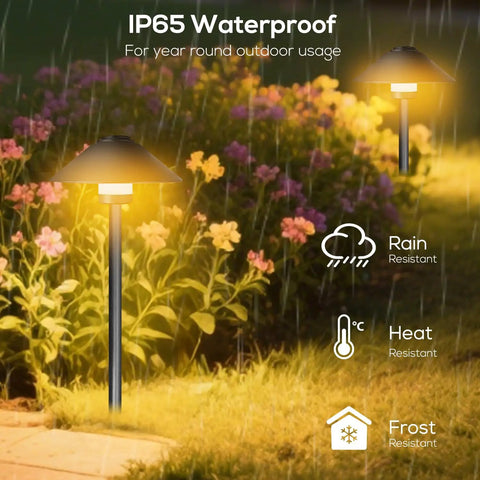 4 Pack Dusk To Dawn Outdoor Pathway Lights illuminating garden with IP65 waterproof, rain, heat, and frost resistance features.