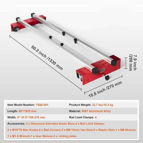 Router Sled 60 Inch Slab Flattening Jig Portable And Adjustable For DIY Woodworking with dimensions and aluminum material details