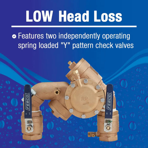 Pro Shop Grade Bronze Y Pattern RPZ Backflow Preventer With Sentryplus Sensor showing low head loss and Y pattern valves.