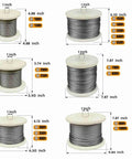 Various spools of 316 Stainless Steel Aircraft Cable Rope One Eighth Inch 7 By 7 Construction for Deck Railing Kit shown in different lengths.
