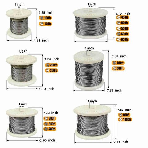 Various spools of 316 Stainless Steel Aircraft Cable Rope One Eighth Inch 7 By 7 Construction for Deck Railing Kit shown in different lengths.