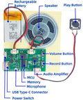 Two Piece Diy Audio Recorder And Player Kit Providing Usb Type C Connectivity For Effortless Music Upgrades No Sweat Setup With Built Speaker Battery And Control Buttons Ideal For Creating Custom Voice Tracks And Personalized Greeting Cards That Totally, showing speaker, buttons, battery, and PCB components.