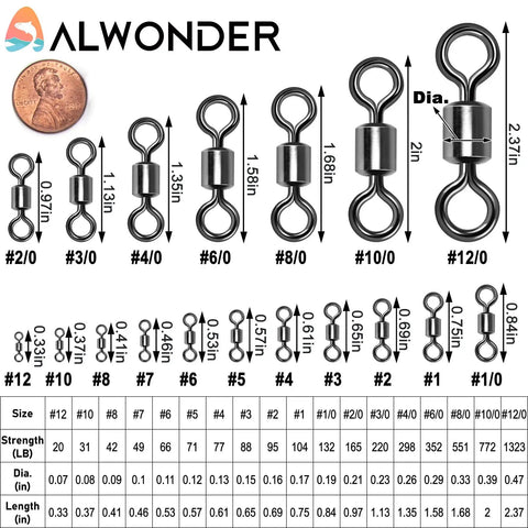 40 Pack Saltwater Barrel Swivels For Big Water Fishing With Stainless Rings And Black Nickel Finish Offshore Tackle Rolling Swivel For Flounder And Shark Rigs Lures Leaders And Line Connectors Size Eight Zero, size chart