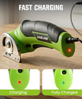4V Cordless Electric Scissors For Cardboard Cutting With 4 Sk5 Blades Heavy Duty Power Tool charging in green, showcasing ergonomic grip design