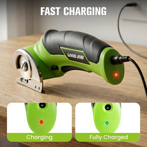 4V Cordless Electric Scissors For Cardboard Cutting With 4 Sk5 Blades Heavy Duty Power Tool charging in green, showcasing ergonomic grip design