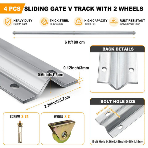 Built Tough 24 Foot Sliding Gate V Track Kit Featuring Four 6 Foot Galvanized Steel Sections With Precision V Groove Wheels That Run Like Butter for reliable access control, showing two wheels and track details.