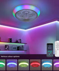 15 Inch Enclosed Bladeless Ceiling Fan with RGB Dimmable LED Light, showcasing multiple color options and remote control.