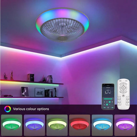15 Inch Enclosed Bladeless Ceiling Fan with RGB Dimmable LED Light, showcasing multiple color options and remote control.