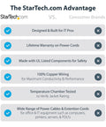 Comparison chart of StarTech.com vs Consumer Brands power cords' features and benefits, highlighting durability and safety.