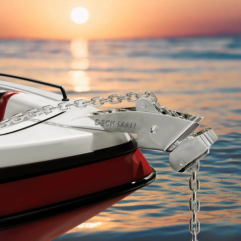 Deck Man stainless steel hinged bow anchor roller with chain on a boat bow.