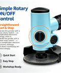 Close-up of Knockout Four Inch Pneumatic Air Angle Grinder Featuring Non Slip Rubber Auxiliary Handle for simple rotary ON/OFF control.