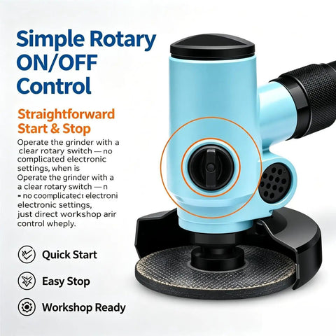 Close-up of Knockout Four Inch Pneumatic Air Angle Grinder Featuring Non Slip Rubber Auxiliary Handle for simple rotary ON/OFF control.