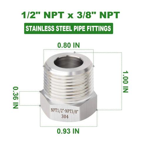 Five Pack Beefy Heavy Duty Forged 304 Stainless Steel Reducer Hex Bushing From Half Inch Male NPT To Three Eighths Inch Female NPT Industrial Pipe Fitting Adapters With Protective Case, 1/2 to 3/8 NPT