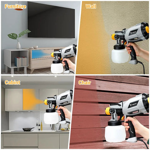 Heavy Duty HVLP Paint Sprayer With 1000 Watt Motor And Spacious 1200 Ml Cup used on furniture, cabinets, walls, and fences.