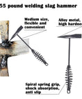 Complete Welding Kit With Magnetic Holder And Heavy Duty Chipping Hammer with coil spring shown next to welded metal joint.