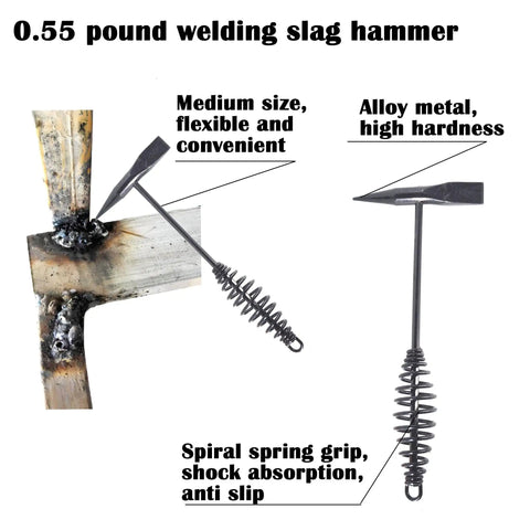 Complete Welding Kit With Magnetic Holder And Heavy Duty Chipping Hammer with coil spring shown next to welded metal joint.