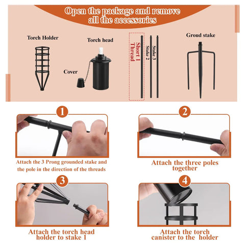 Assembly steps for Citronella Garden Torch Set Of Six With Large 16 Ounce Metal Torches 59 And A Half Inch Tall Outdoor Torches On Three Prong Grounded Stakes For Patio Pathway Backyard Parties And Lawn Decor That Pops.