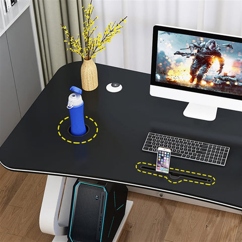 Prime Setup White Computer Desk With Built In Phone Slot And Utility Shelf Ergonomic Gaming Table For Laptop Pc Workload showing phone and drink holder.