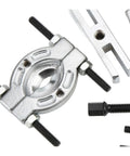 9 Pcs Bearing Puller Set For Garage Heroes Requiring Massive Torque To Yank Stuck Internal Bearings From Cars In A Flash Includes Box For Wheel Hub DIY Fixes And Keeping The Paper By Fixing It Yourself Down In The Garage. steel bearing puller with threaded bolts, shown close-up