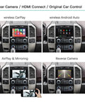 Wireless CarPlay And Android Auto Retrofit Kit Decoder For Ford 2013 2015 With Sync2 8 Inch LCD Screen MirrorLink Navigation Siri USB Backup Camera CarPlay Upgrade Plug And Play For Ford Models Like Edge Explorer F150 Escape Flex Fiesta Cmax Yellow showing interface options including wireless CarPlay and Android Auto on dashboard screen.