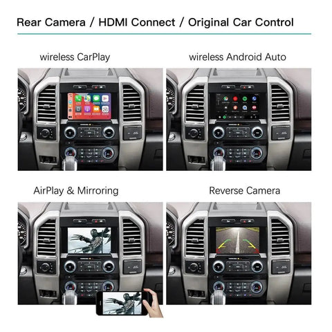 Wireless CarPlay And Android Auto Retrofit Kit Decoder For Ford 2013 2015 With Sync2 8 Inch LCD Screen MirrorLink Navigation Siri USB Backup Camera CarPlay Upgrade Plug And Play For Ford Models Like Edge Explorer F150 Escape Flex Fiesta Cmax Yellow showing interface options including wireless CarPlay and Android Auto on dashboard screen.