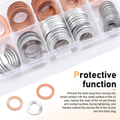 Pro Grade 100 Piece Oil Drain Plug Gasket Set With Anti Leak Heat Resistant Crush Washers in storage box, silver and gold