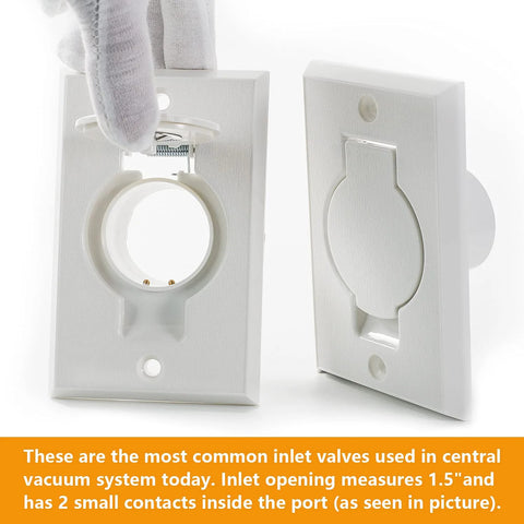 Two white plastic central vacuum wall inlet plates with round spring doors for Beam/Nutone systems.