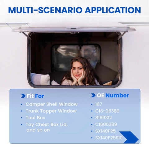 Multi-scenario application image featuring Heavy Duty 14 Inch Gas Struts 24 Lbs Lift Supports for camper shell window.