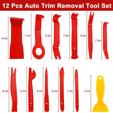 12-piece auto trim removal tool set showing various sizes, including plastic pry tools for auto interior panels doors molding dash and stereo removal.