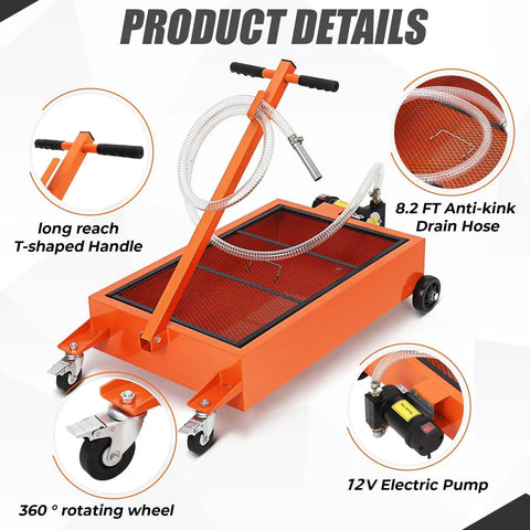 Heavy Duty Low Profile Oil Drain Pan Cart 15 Gallon Capacity with T-shaped handle and anti-kink drain hose.