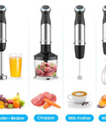 Game Changing 1000 Watt Immersion Blender Featuring 12 Speed Settings And Premium Stainless Steel Blades with beaker and chopper.